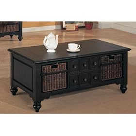 Coffee Table with Storage Drawers and Baskets in Black Finish