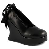 BRAVO-07 Black Satin Platform Mary Jane Pumps w/Ribbon Ties