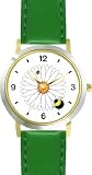 Bee & Ladybug or Lady Bug on Daisy Flower - Bee or Bumblebee - JP - WATCHBUDDY&reg; DELUXE TWO-TONE THEME WATCH - Arabic Numbers - Green Leather Strap-Size-Large ( Men's Size or Jumbo Women's Size )