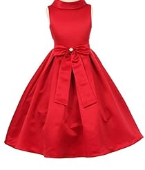 Girls Tea Length Cowl Neck Satin    Flower-Girl Dress  With a Bow(s) and Rhinestones and Pearls