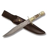 Fox-N-Hound Knives 601 Revolutionary War Stag/Damascus Bowie Fixed Blade Knife with Stag Handles