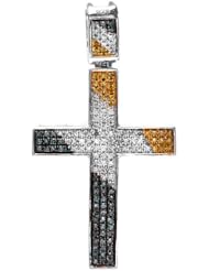 0.40 Carat (ctw) Sterling Silver Blue, White & Yellow Round Diamond Micro Pave Setting Cross Ladies Pendant