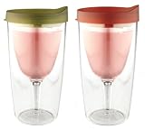 Vino2Go 2 Pack of Double Wall Clear Acrylic Tumblers with 1 Merlot Red Lid and 1 Verde Green Lid