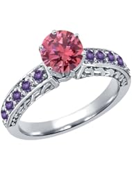 1.14 Ct Round Pink Diamond Purple Amethyst 18K White Gold Ring