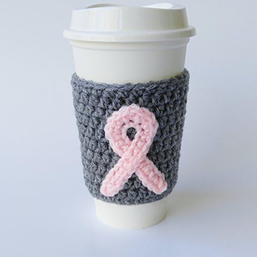Crochet Coffee Sleeve Grey with Pink Ribbon Breast Cancer Awareness