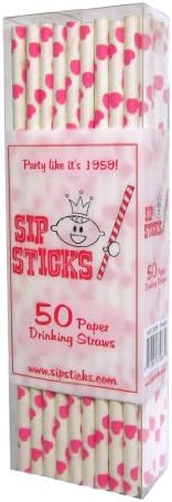 SipSticks Paper Drinking Straws Biodegradeable 50 Pack - Hot Pink Hearts