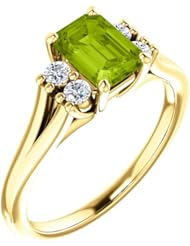 18K Yellow Gold 7.00x5.00mm Emerald Cut Peridot and Diamond Ring -- LIFETIME WARRANTY