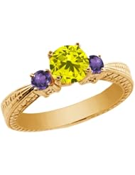 1.00 Ct Round Canary Diamond Purple Amethyst 18K Yellow Gold 3-Stone Ring