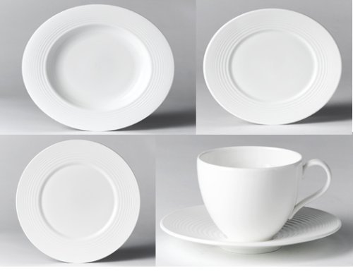 Gordon Ramsay tableware by Royal Doulton. Dining in boxed set. Set of 4 s of white bone china teacups & saucers, 30.5cm plates, 16,5cm plates, rim soup bowls