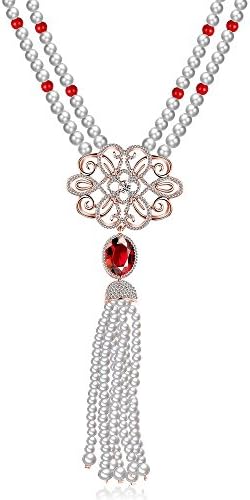 HuiEn Women's 18K Rose Gold Plated Imitation Pearl Opal Zircon Czech Drill Crystal Long Necklace Pendant for Sweater Chain Length 32inchs