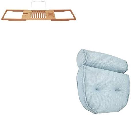 Bamboo Bathtub Caddy with Extending Sides and Adjustable Book Holder with Home Spa Bathtub Pillow Bundle