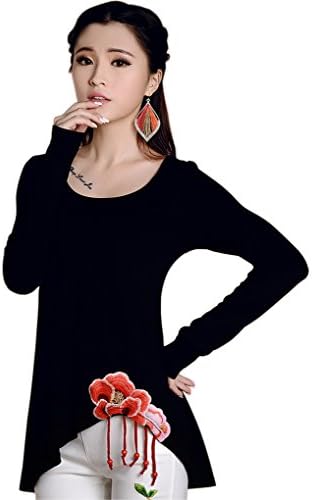 CDCLOTH Women's Embroidery Slim Long-sleeved Large Size Autumn Cotton T-shirt Size 2 US Black