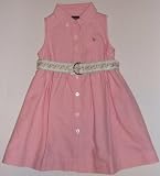 Ralph Lauren Girls Sleeveless Shirt Dress with Embroidered Ribbon Belt and Multi-colored Polo Pony Logo