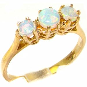 9K Yellow Gold Womens Colorful Fiery Opal Eternity Trilogy Band Ring - Size 6 - Finger Sizes 5 to 12 Available - Perfect gift for Anniversary, Engagement, Wedding, First Child