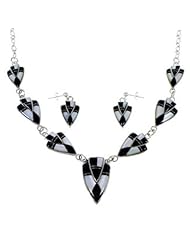 Black Jade Mother Of Pearl Sterling Silver Link Necklace Set NS41218