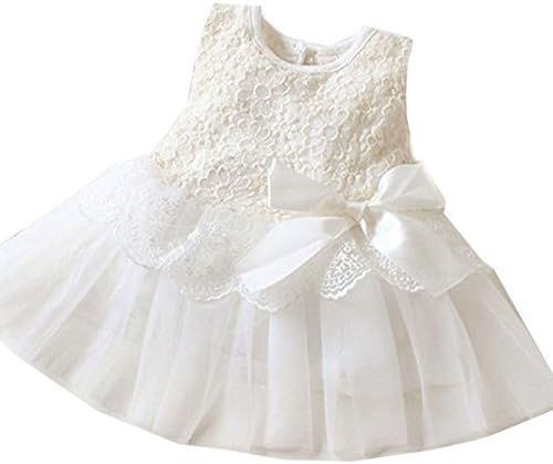 Baby Girls One Piece Floral Dress Lace Bowknot Party Ballet Skirts (90cm for 6-12 Month, white)