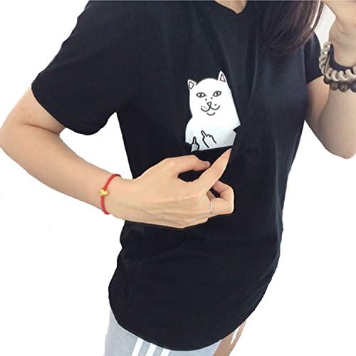 Creblue Summer Women Middle Sleeve Tops T-shirt Blouse Women's Hot Sales Middle Finger Cat Pocket Shirts Harajuku Crop Top Tee (L)