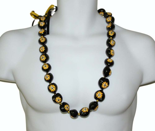 Black / Yellow Flower - Kukui Nut Necklace, * Free Shipping From Hawaii
