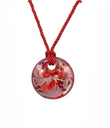 Necklace - N429 - Round Murano Style Glass ~ Red with Silver Feathery Swirls hung on Triple Strand Twisted Red Satin / Silk Cord + 2" Extension Chain