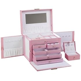 Pink Leather Jewelry Box Organizer w/ Travel Case