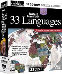 Instant Immersion 33 Languages (DVD). Arabic, Bengali, Brazilian (Portuguese), Chinese (Cantonese), Dutch, English, Farsi (Persian), Finish, French, German, Greek, Hebrew, Hindi, Hungarian, Irish, Italian, Japanese, Korean, Latin, Norwegian, Polish, Punjabi, Russian, Slovak, Spanish, Swahili, Swedish, Tagalog (Filipino), Thai, Tibetan, Ukrainian, Vietnamese, Zulu
