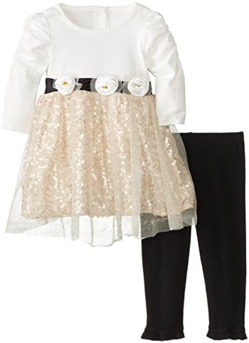 Nannette Baby-Girls Infant 2 Piece Spandex Jersey Rhinestone Dress with Black Legging, Beige, 12 Months