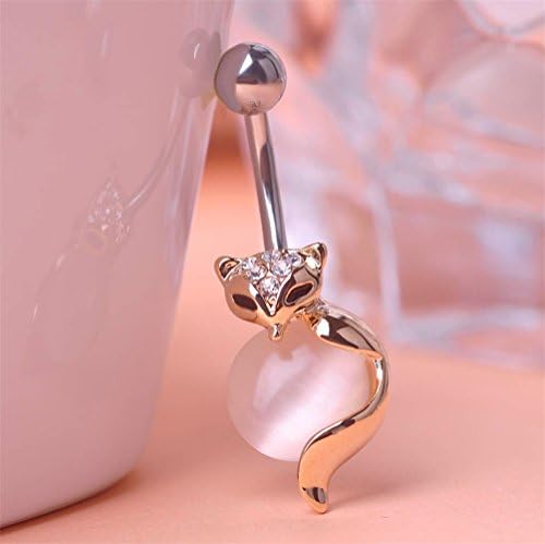 Blucoo Gold Fox Rhinestone Belly Button Piercing Navel Ring (White)