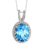14k White Gold 18 in. Thin Chain & 13/16 in. (21mm) tall Blue Topaz Pendant, w/ 0.18 Carat Brilliant Cut Diamonds & 5.00 Carats (11x9mm) Oval Cut Blue Topaz Stone
