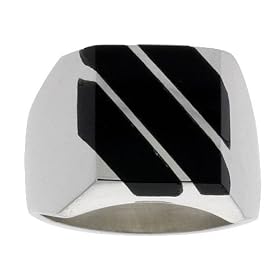 Gent's Sterling Silver Triple Diagonal Black Obsidian Ring: Jewelry