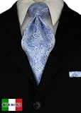 Woven Silk Mens Necktie + Pocket Square Hand Made in Italy By Valenti Ties and Hanky Set Blue