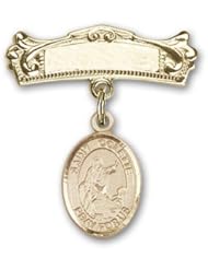 14K Gold Baby Badge with St. Colette Charm and Arched Polished Badge Pin