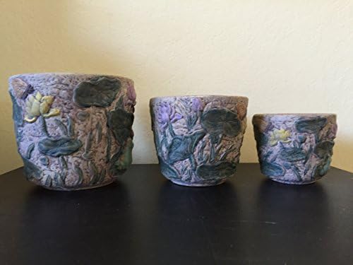 Clay Set of 3 Different Size Round Embossed Earthenware Planters or Herb Pots