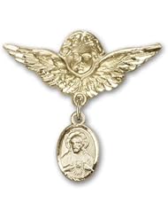 14K Gold Baby Badge with Scapular Charm and Angel with Wings Badge Pin