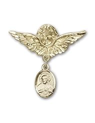 Gold Filled Baby Badge with Scapular Charm and Angel with Wings Badge Pin
