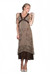V-neck Tea Length Lace Vintage Embroidered Cotton/Tulle  Dress