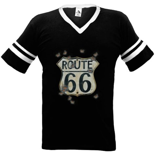 Route 66 Sign With Bullet Holes Mens Ringer T-shirt, America's Road Rte 66 Highway Sign Mens V-Neck Tee, Large, Royal/White