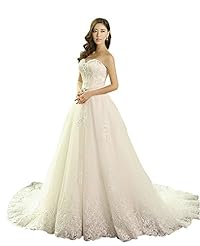 Strapless  Beaded Lace-Up Applique Sweetheart  Ball Gown  Dress with a Chapel Train 