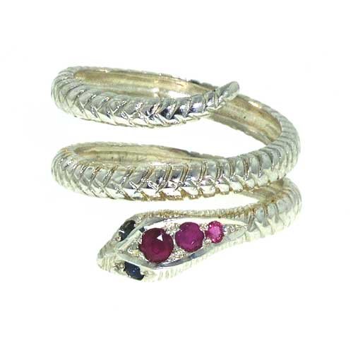 Solid Sterling 925 Silver Ruby & Sapphire Snake Ring - Finger Sizes L to U Available - Ideal for Christmas, Birthday, Anniversary or Mothers Day Gift
