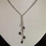 Black & White Cultured Pearl 4-Strand Silver Chain Lariat w. Bar Crystal Slider