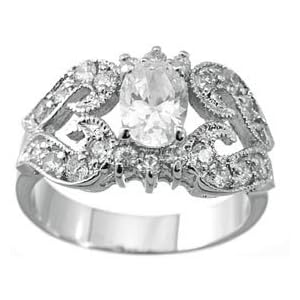 Genuine Cassis (TM) 925 Sterling Silver Platinum Finish Oval Antique Style Pave Ring - Finger Size 8. 100% Satisfaction Guaranteed.