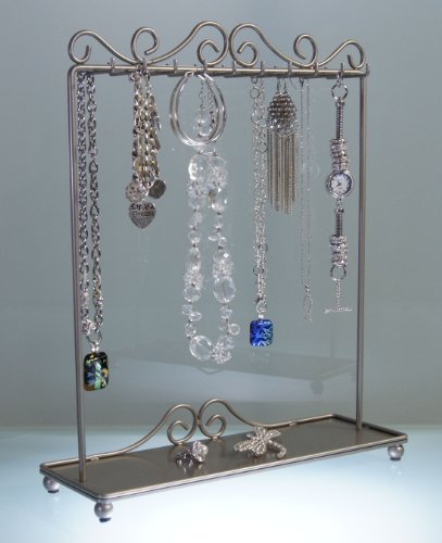 (JTC-Satin Nickel Silver) Necklace Holder Bracelet Rack Jewelry Organizer - Hook or Hoop Earring Storage Rack - Closet Jewelry Display Stand - Vanity Accessory - Angelynn's Jewelry Tree C