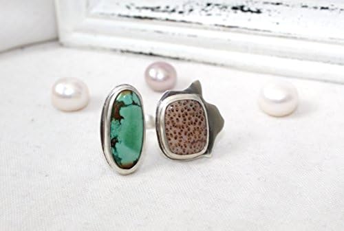 Sterling Silver Duet Ring with Turquoise and Petrified Palm Wood Gemstone - Jewelry 925 - Size 9