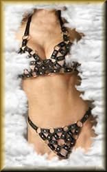 Unique y2 Leather Strap and Ring 2 Piece Set Bra Adjustable Snap Neck and Back Closures G-string Adjustable Side Snap Closures Elastic Back One Size