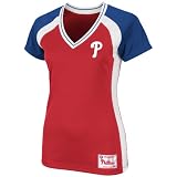 MLB Women's Philadelphia Phillies Opal Short Sleeve Raglan Deep V-Neck Synthetic Tee (Athletic Red/Deep Royal/White/Deep Royal, Medium)