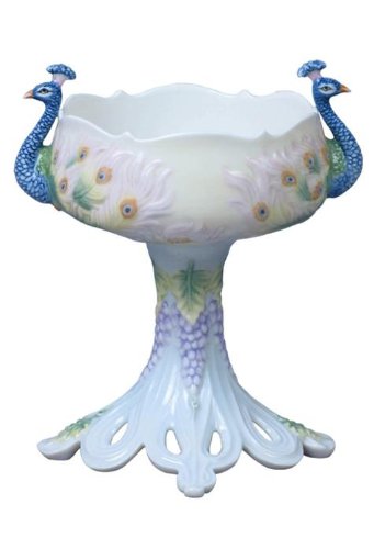 6.5 inch Art Nouveau White Porcelain Blue Peacock Pedestal Dish