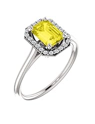 18K White Gold 7.00x5.00mm Emerald Cut Yellow Sapphire and Diamond Halo-Style Ring -- LIFETIME WARRANTY
