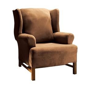 Stretch Suede Wing Chair Slipcover - Chocolate by -