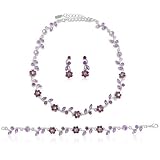 Silver Tone Amethyst Crystal 3-pcs Necklace Earrings Bracelet Set - Ideal Gift For Mother, For Her, Birthday, Anniversary, Bridal, Wedding, Engagement
