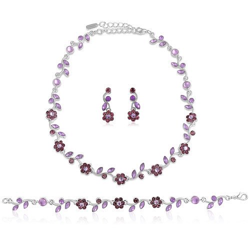 Silver Tone Amethyst Crystal 3-pcs Necklace Earrings Bracelet Set