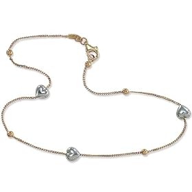 Gold Ankle Bracelets: 14k Anklet with White Gold Puffy Hearts 10 Long by 